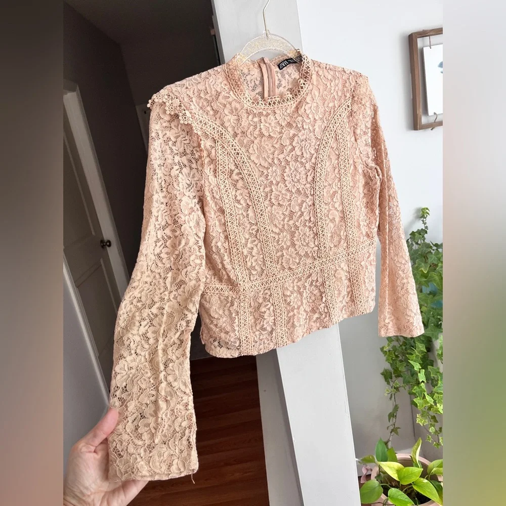 Delicate Lace Crewneck Blouse - Blush , Zara